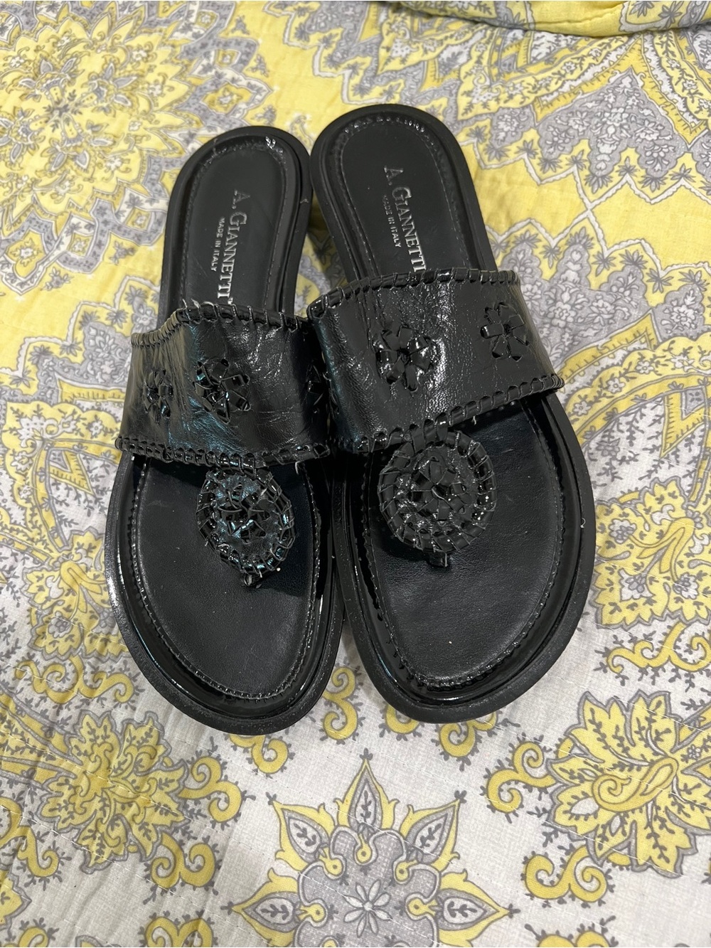 A. Giannetti Black Leather Slide Sandals with Embellished Toe